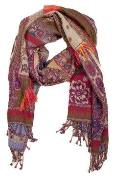 Cozy cotton yarns trimmed with braided fringe define this statement scarf covered in a pretty paisley pattern. 71" x 28" 100% cotton Dry clean Imported Bohemian Patterned Scarves For Fall, Bohemian Multicolor Paisley Print Scarves, Multicolor Pashmina Scarves With Paisley Print, Bohemian Paisley Print Scarves For Fall, Bohemian Paisley Print Scarf For Fall, Fall Pashmina Scarf With Paisley Print, Bohemian Brown Pashmina Shawl For Fall, Bohemian Brown Shawl With Paisley Print, Winter Paisley Print Pashmina Scarves