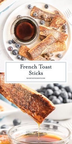 french toast sticks are being drizzled with syrup and blueberries on the side