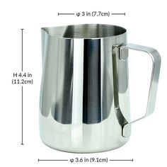 a stainless steel pitcher is shown with measurements for the size and width, along with an additional measuring line