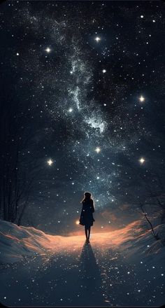 a person standing in the snow looking at stars