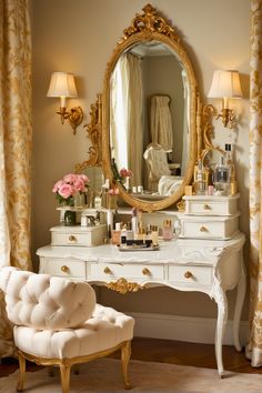 a dressing table with a mirror and chair