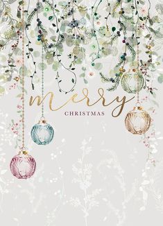 merry christmas card with ornaments hanging from the branches and greenery on it's sides