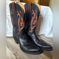 Lucchese Lizard Cowboy Boots Size 10.5 Very Good Condition Wear To Bottom Of Shoes (Worn A Couple Of Times Maybe). Cowboy Boots Black, Western Cowboy Boots, Boots Black, Western Boots, Cowboy Boots, Black Boots, Mustang, Black Red, A Couple