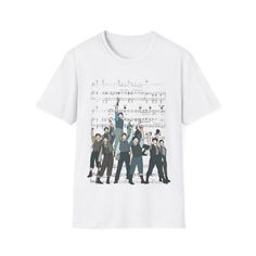 a white t - shirt with music notes on it