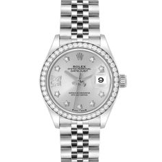 Rolex Datejust Steel White Gold Silver Dial Diamond Ladies Watch 279384. Officially certified chronometer automatic self-winding movement. Stainless steel oyster case 28.0 mm in diameter. Rolex logo on a crown. Original Rolex factory diamond bezel. Scratch resistant sapphire crystal with cyclops magnifier. Silver dial with original Rolex factory diamond hour markers in star setting. A diamond-filled Roman numeral at the 9 o'clock position. Date calendar at 3 o'clock aperture. Stainless steel jub White Gold Rolex Women, Rolex Silver Woman, Rolex White Gold, Gold Rolex Women, Rolex Silver, Rolex Datejust Women, Birthday 27, White Gold Watch, Star Setting