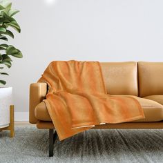 a couch with a blanket on it next to a potted plant