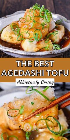 Golden deep-fried Japanese tofu garnished with green onion curls and chili flakes in savory dashi broth, shown served and close-up with chopsticks Umami Sauce, Traditional Japanese Recipes, Agedashi Tofu, Japanese Side Dish, Deep Fried Tofu, Tofu Recipe, Fried Tofu, Bean Curd