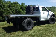 a white truck parked on top of a lush green field with trees in the background