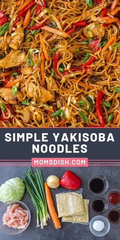 noodles with vegetables and sauces in bowls on a black surface, the title reads simple yakisoba noodles