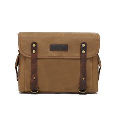 a brown messenger bag with two straps on the front and one strap at the bottom