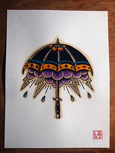 a drawing of an umbrella with rain drops on it