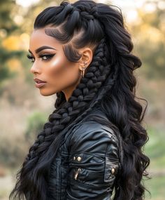 Curly fake Hawk with Cornrows Crown Hairstyles Braided, Curly Goddess Braids, Fake Braid Hairstyles, Classy Braided Hairstyles, Alicia Keys Braids Hairstyles, Cornrows With Curls, Black Cornrows, Carnival Hairstyles, Curly Faux Hawk