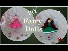 two fairy dolls sitting on top of each other in front of a white circle with the words diy fairy dolls