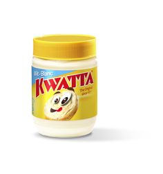 a jar of mayonnaise sitting on top of a white table next to a yellow lid