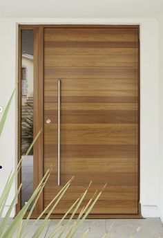 a modern wooden door in front of a house