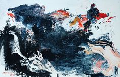 an abstract painting with black, white and red colors