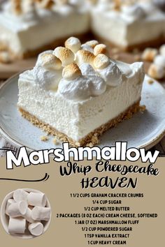 a flyer for marshmallow whip cheesecake heaven on a plate with marshmallows in the background