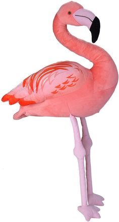 a pink flamingo standing on its hind legs with an orange beak and black head