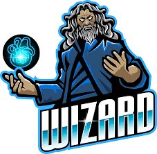 the wizard is holding a glowing orb in his right hand and pointing at it with both hands