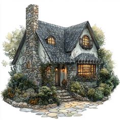 a drawing of a house with stone walls and windows on the front, surrounded by greenery