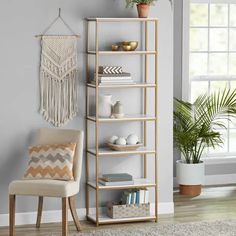 Samara 6-Shelf Bookcase Gold Bookshelf, Book Shelf Decor, Home Office Inspo, Rustic Bookshelf, Gold Shelves, White Bookshelves, White Shelves