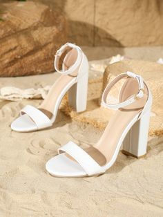 Style:Elegant \nColor:White \nToe:Open Toe \nPattern Type:Plain \nStrap Type:Ankle Strap \nHeels:Chunky \nHeel Height:High Heel \nSize Fit:True To Size \nUpper Material:PU Leather \nLining Material:PU Leather \nInsole Material:PU Leather \nOutsole Material:Rubber \n White Sandals Heels, Comfortable Sandals, Chunky Heel, White Shoes, Sandals Summer, High Heel Sandals, Chunky Heels, Trending Shoes, Girls Shoes