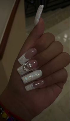 White French Tip Nails Coffin Glitter, French Tips With One Glitter Nail, Gems On Acrylic Nails, Vivienne Westwood Nail Designs, Prom Nails Long Acrylic, Cute Short Prom Nails, White French Tip Vivienne Westwood Nails, Prom Long Nails, Cute Nails Gems