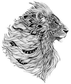 a black and white drawing of a lion's head with long, wavy hair