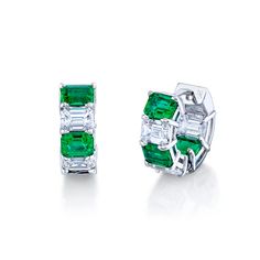 Our Alternating Diamond & Emerald Huggie Earrings are a true testament to the timeless glamour of Norman Silverman. These luxurious earrings feature a total carat weight of 4.59, with stunning emerald-cut diamonds and vibrant emeralds that create a truly elegant look. The diamonds have a color range of G to H and a clarity of VS, ensuring that they are of the highest quality. The 18k white gold setting adds a touch of refinement and sophistication, making these earrings the perfect choice for an Luxury Classic Emerald Diamond Earrings, Luxury Silver Emerald Cut Earrings, Luxury Birthstone Jewelry With Emerald Cut, Luxury White Emerald Jewelry, Luxury Silver Emerald Cut Diamond Earrings, Luxury Emerald Cut Diamond Earrings In Sterling Silver, Luxury Emerald Cut Birthstone Jewelry, Luxury Emerald Cut Sterling Silver Earrings, Luxury Timeless Emerald Cut Jewelry