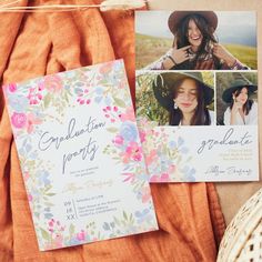 the wedding stationery is laid out on an orange blanket and there are two photos