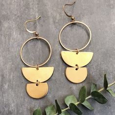 Aurora Earrings. Made to Order. Color : Gold/Brass Brass. Brass Hooks. Approx. measurements. 2-3/4"L ( including the hook) x 1-1/8"W. Handmade in Philadelphia. Minimalist Metal Dangle Chandelier Earrings, Brass Earrings Handmade, Brass Hooks, Geometric Hoop Earrings, Glass Nails, Handmade Valentine, The Hook, Geometric Jewelry, Big Earrings