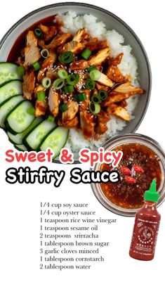 an advertisement for sweet and spicy stirfry sauce with cucumber slices on the side