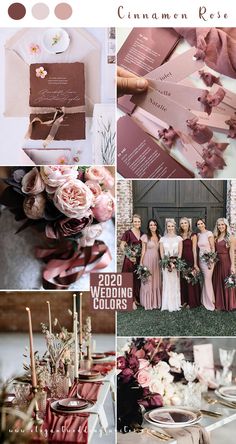 wedding color palettes for the bride and groom in shades of burgundy, pink, gold