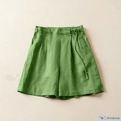 Orcajump - Fashionable and Comfortable Belted High-waisted Cotton Linen Shorts, Casual Wide-legged Capris Casual Green Wide Leg Shorts, Green Relaxed Fit Wide Leg Shorts, Baggy Green Casual Shorts, Solid Non-stretch Summer Bottoms, Green Wide-leg Shorts With Pockets, Green Wide Leg Shorts With Pockets, Loosely Fitted Green Bottoms, Baggy Green Shorts For Summer, Green Baggy Shorts For Summer