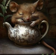 a painting of a mouse sleeping in a teapot