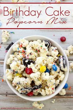 a birthday cake popcorn mix in a bowl