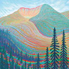 a painting of mountains and trees with multicolored lines on the mountain side in front of them