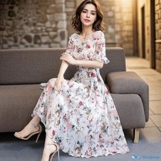 Orcajump - Elegant Floral Print Short Sleeve Dress with Waist Cinching and Round Neckline Umbrella Dress, Short Sleeve Floral Dress, Basic Skirt, White Floral Dress, Black Gown, Floral Print Shorts, Basic Outfits, Types Of Skirts, Floral Print Dress