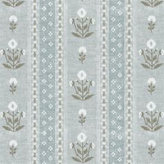 a blue and white striped wallpaper with flowers