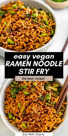 an easy vegan ramen noodle stir fry with chopsticks in it