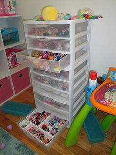 a toy storage unit in a child's playroom