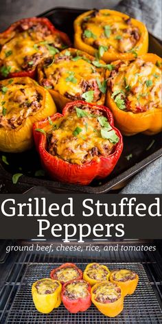 grilled stuffed peppers with ground beef, cheese and tomatoes on the grill for dinner