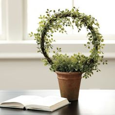 an open book sitting on top of a table next to a potted plant