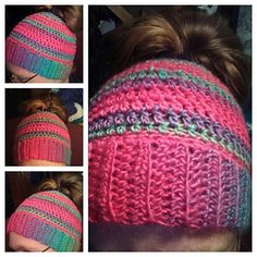 several photos of a woman's head wearing a pink and green knitted hat