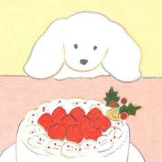 a drawing of a cake with strawberries on it and a dog sitting behind it