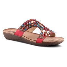 Your feet will feel cradled in these Patrizia Twirling women's slide sandals.Click this FOOTWEAR GUIDE to find the perfect fit and more! Your feet will feel cradled in these Patrizia Twirling women's slide sandals. Click this FOOTWEAR GUIDE to find the perfect fit and more! SANDAL FEATURES Upper of alternating, shimmering crystals and rainbow wooden beads Flexible contoured wedgeSANDAL FEATURES Synthetic upper Manmade lining TPR outsoleSANDAL DETAILS Open toe Slip-on Padded footbed 1.25-in. heel Red Beach Sandals With Removable Insole, Red Slides With Cushioned Footbed For Spring, Red Toe Loop Sandals For Spring, Casual Red Toe Post Wedge Sandals, Red Slide Sandals, Red Flat Sandals With Removable Insole, Red Cushioned Slippers For Summer, Red Cushioned Open Toe Flip Flops, Red Open Toe Sandals With Cushioned Footbed