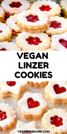 vegan linzer cookies with strawberry jam in the shape of hearts on top and bottom