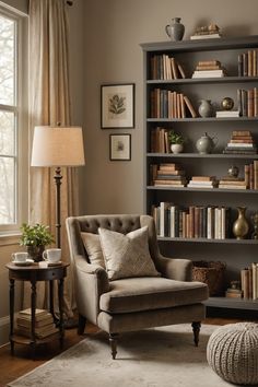 a living room filled with furniture and bookshelves