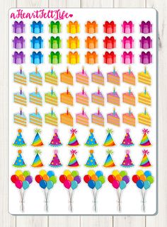 a sheet of stickers with birthday hats and balloons on it, all in rainbow colors