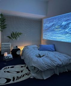 ♡ Carpeted Room Decor, Super Cool Bedrooms, Room With Big Mirror, Baby Blue Room Ideas, Dark Blue Aesthetic Room, Imvu Bedroom, Boy Room Aesthetic, Blue Carpet Bedroom, Floor Bedroom Ideas